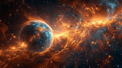 A dramatic image of a planet being bombarded by debris and asteroids, with dust and smoke obscuring the surface.