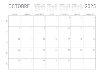 Calendrier Octobre 2025 Mensuel Planificateur avec Numero de Semaine à imprimer A4