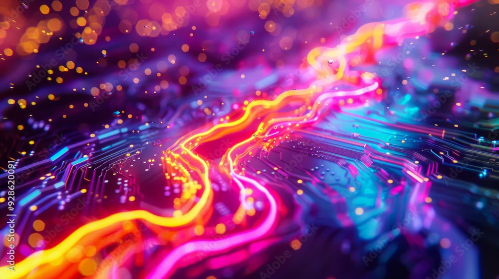 Poster a colorful electronic circuit board with a rainbow-colored line running through it. concept of creat