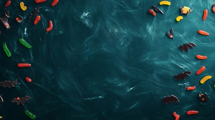 Playful background for Halloween with gummy worms and candy bats scattered over a dark teal surface, haunted houses and swirling winds subtly integrated, open space for promotional banner or message.