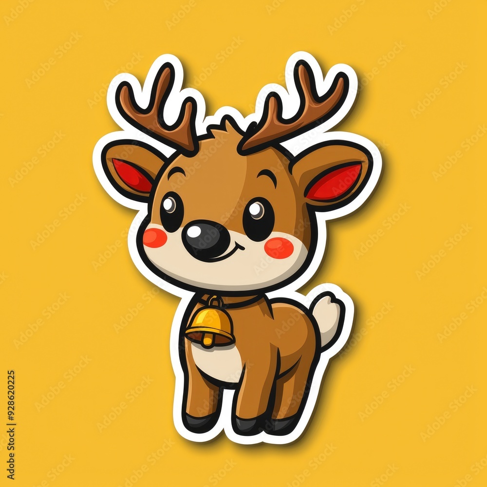 Wall mural cute cartoon reindeer with bell sticker illustration