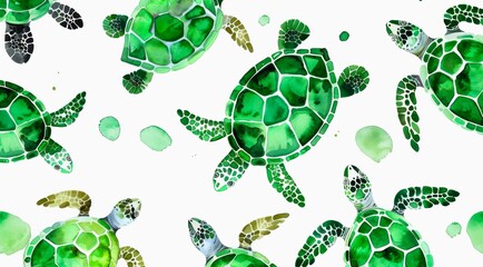 Green turtles on white background, watercolor pattern design.