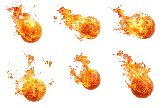 Set of isolated fireballs with fire trails.