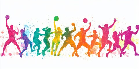 Colorful abstract silhouettes of basketball players in various action poses