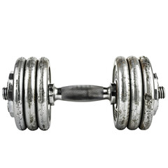 Fototapeta premium Vintage metal dumbbell with adjustable weights, showing its aged and worn appearance, set against a clear background