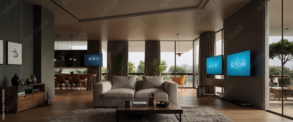 Aufkleber the concept of the internet of things with an image of a smart home, featuring various connected dev