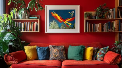 An eclectic reading nook with bookshelves, a colorful art print on the wall, and red walls.