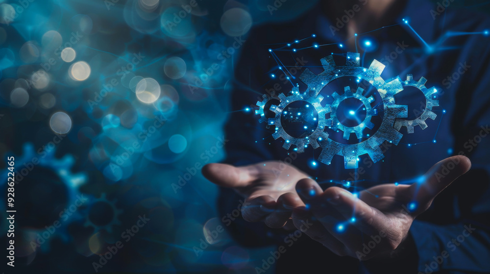 Poster a person is holding a blue gear in their hand. the gears are all different sizes and are arranged in
