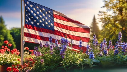 Labor Day scene - Flag and Floral Centerpiece - An American flag draped over a floral garden and sky. Graphic art illustration