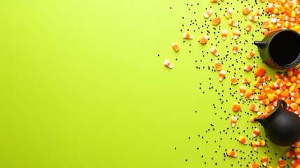 Playful background for Halloween with bubblegum and candy corn spilling over a lime green surface, tiny cauldrons and potion bottles subtly integrated, open space for promotional banner or message.