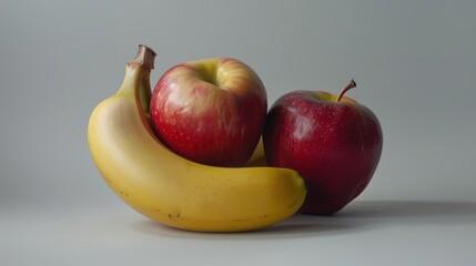 Yellow banana and two red apples on a gray background.