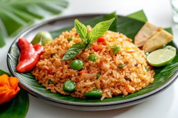 Javanese Fried Rice, Originating from Java, this fried rice is characterized by its use of sambal (chili paste) and petai (stink beans). isolated on white background
