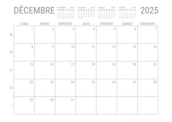 Calendrier Décembre 2025 Mensuel Planificateur avec Numero de Semaine à imprimer A4	