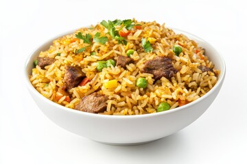 Mutton Fried Rice, Made with tender pieces of mutton, this fried rice is rich and flavorful, often spiced with turmeric, ginger, and coriander. isolated on white background