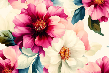 Obraz premium Watercolor flowers background. A vibrant floral pattern featuring large blossoms in shades of pink, white, and purple on a soft background. Perfect for textile designs and spring themes.