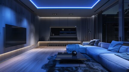 Fototapeta premium Modern living room interior with blue sofa, black coffee table, and blue led light on the ceiling at night.