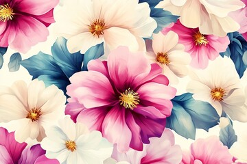 Fototapeta premium Watercolor flowers background. A vibrant floral pattern featuring large blossoms in shades of pink, white, and purple on a soft background. Perfect for textile designs and spring themes.