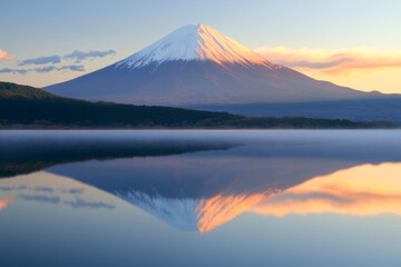 A stunning sunrise view of Mount Fuji reflected in a calm lake, with soft morning light illuminating the scene. Perfect for travel and nature photography.