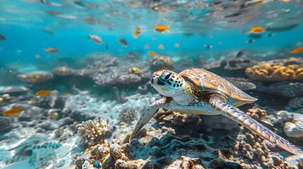 Obraz premium A vibrant coral reef in the summer, teeming with colorful fish, sea turtles, and a variety of marine life, all thriving under the clear turquoise waters.