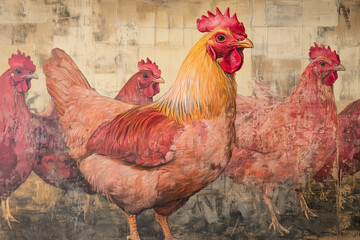 Fototapeta premium Creative image of red chickens on vintage wall.