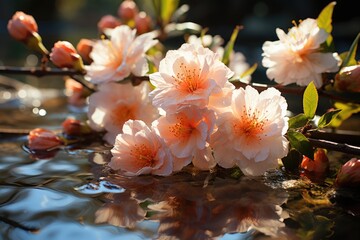 Delicious arrangement of, peach and flowers, generative IA