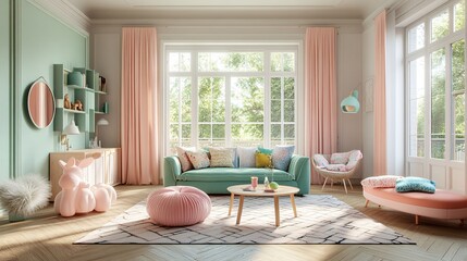 Whimsical pastel living room, soft pink and mint green furniture, quirky decor like colorful ceramic animals, patterned rug, large window with bright natural light, light wooden flooring, fluffy