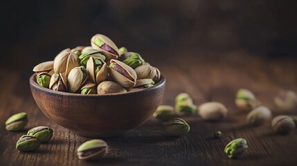 Organic Pistachio Nuts in Bowl on Wooden Table