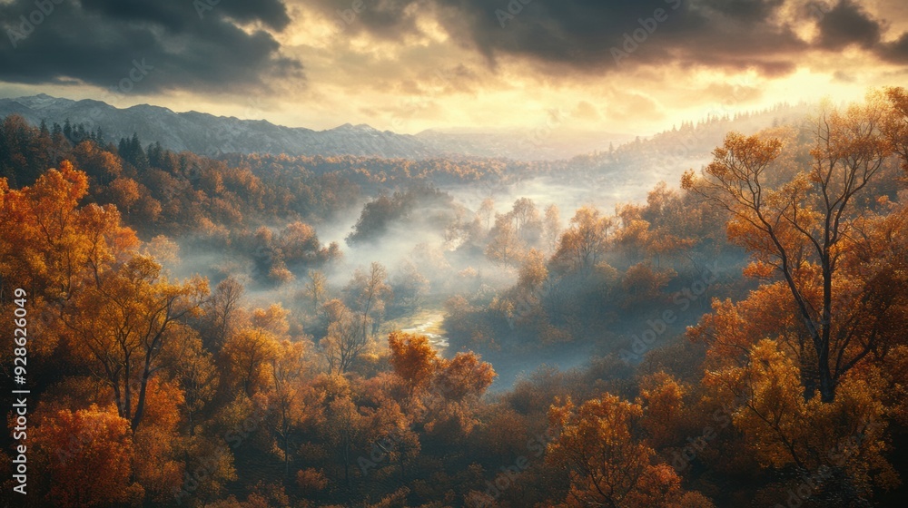Poster a view of a forest with fog and trees in the distance, ai