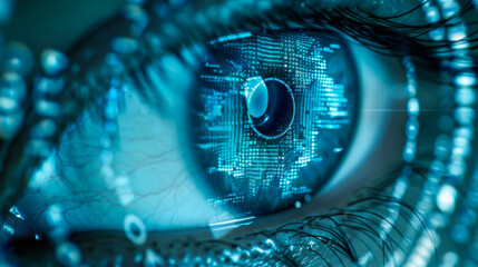 Close-up of a human eye going through a neon security scanner. Privacy and cybersecurity concept.