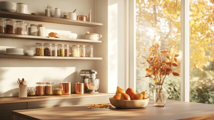 Sunlit kitchen with autumn decor and jars of ingredients.