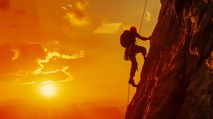 Silhouette of a man climbing on top of a mountain against a colorful sunrise. sun rays above head. climbing young adult at top of summit with aerial view on mountain range and sun ray