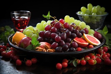 FRUIT DISH WITH GREENGAGE WATERLY Plum Grapes Piem Damasco Strawberry Melon and , generative IA