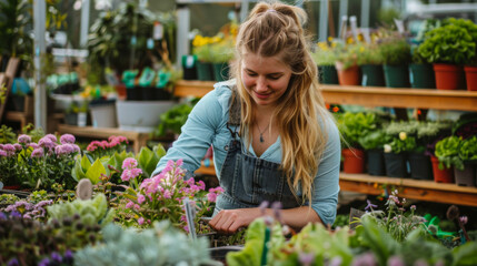 A smiling woman in an apron and casual clothes works in a greenhouse. A young woman takes care of flowers and plants in a garden center. Concept of care, ecology, gardening.