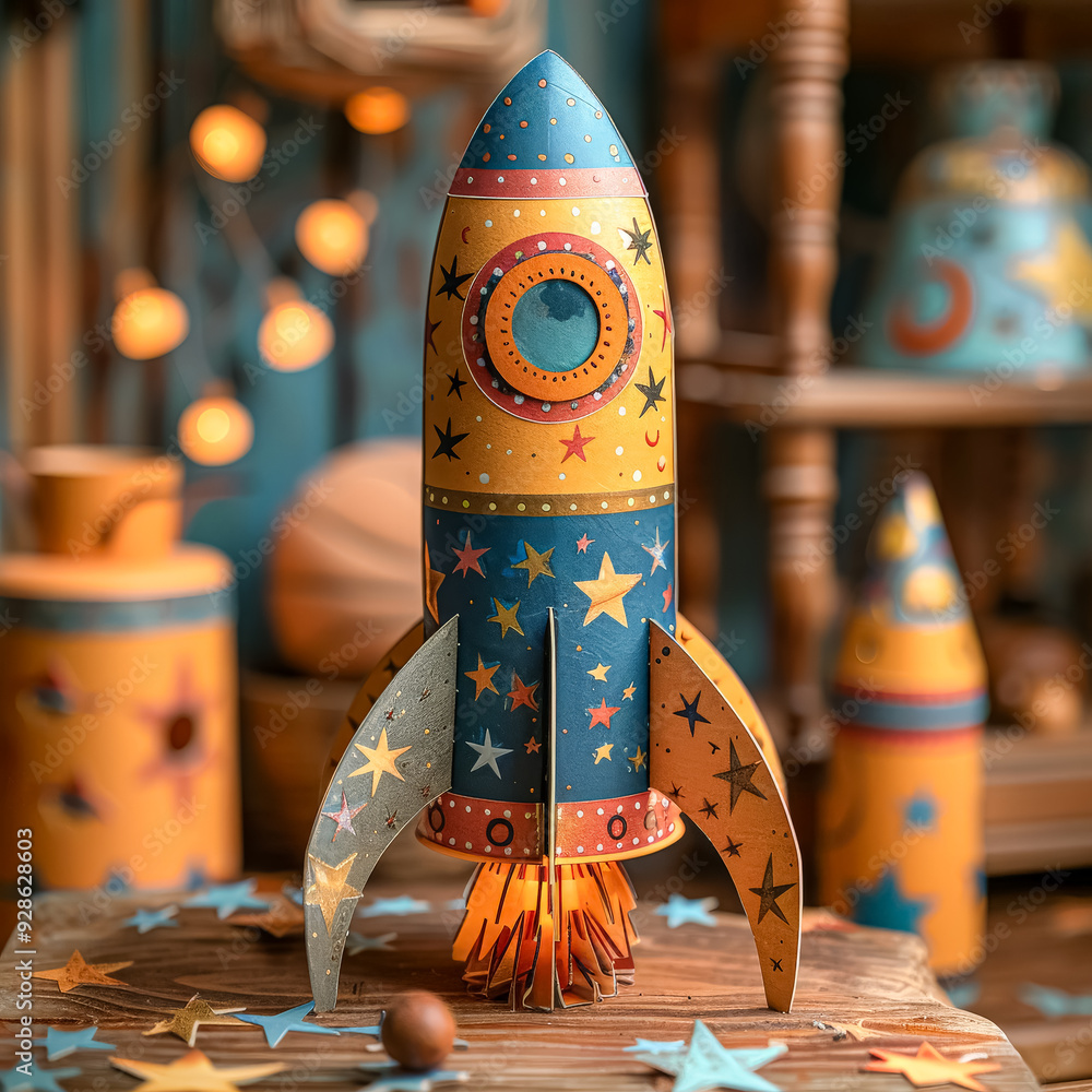 Poster a yellow paper rocket is sitting on a table with a blue background. the rocket is surrounded by vari