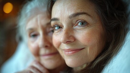 Nurse gently strokes the cheek of an elderly woman in a close-up.