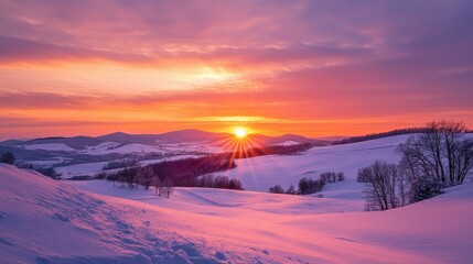 A serene winter landscape at sunrise, showcasing vibrant colors and snow-covered hills.
