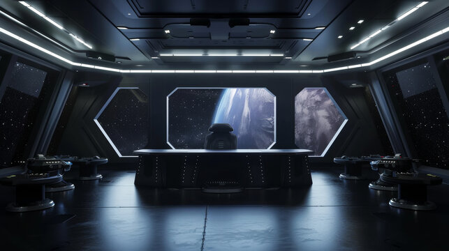 Spacious room in dark colors in a space station with large windows. Science concept.