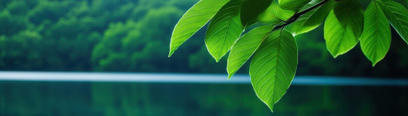 Fototapeta premium Close-up of green leaves with a blurred lake and forest background, showcasing nature's beauty and serenity.