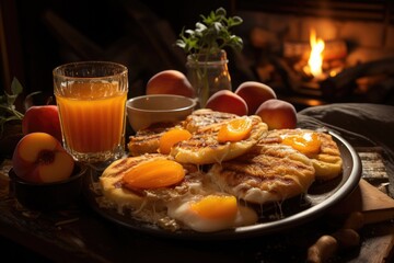 Tasty peach and pancakes layout, generative IA