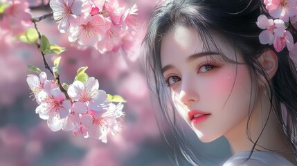 Naklejka premium Beautiful young woman posing near blooming peach tree