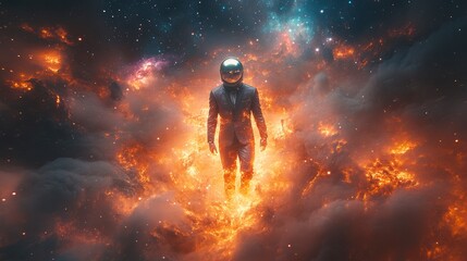 Businessman wearing astronaut helmet walking through space inferno