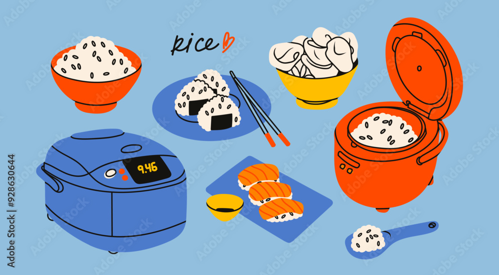 Wall mural rice meals. bowl with rice, onigiri, rice chips, nigiri sushi, soy sauce, chopsticks, rice cooker. t