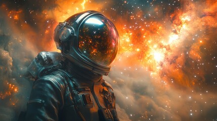 Astronaut exploring a colorful nebula, discovering new worlds