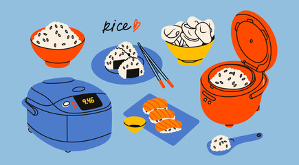 Rice meals. Bowl with rice, onigiri, rice chips, nigiri sushi, soy sauce, chopsticks, rice cooker. Tasty asian food concept. Hand drawn modern Vector illustration. Isolated design elements