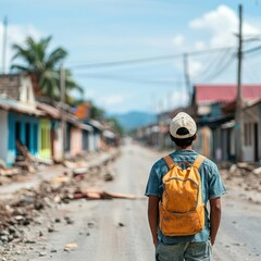 Fototapeta premium A traveler stands on a deserted road, gazing at abandoned houses and nature under a clear blue sky.