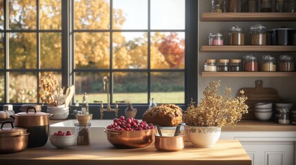 Cozy autumn kitchen scene with cranberries and bread on the counter.