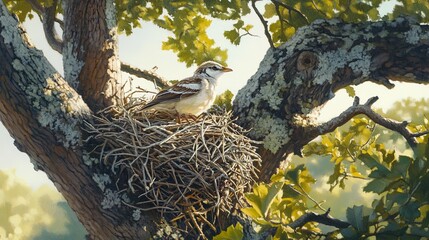 In the quiet of the early morning, birds are nesting in the tall oak tree, meticulously arranging twigs and leaves.