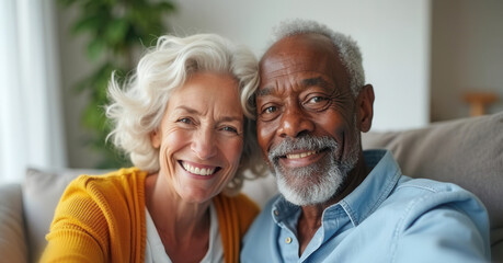 Happy older diverse couple with copy space