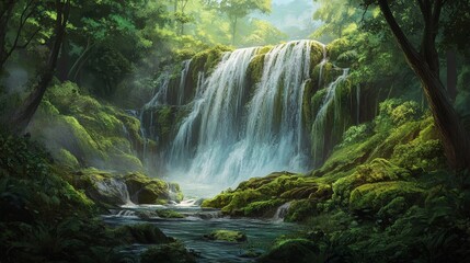 Obraz premium In the remote depths of the forest, a waterfall flows with unending grace, its rhythmic pulse echoing through the trees.