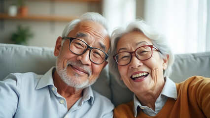 Happy older couple at home with copy space
